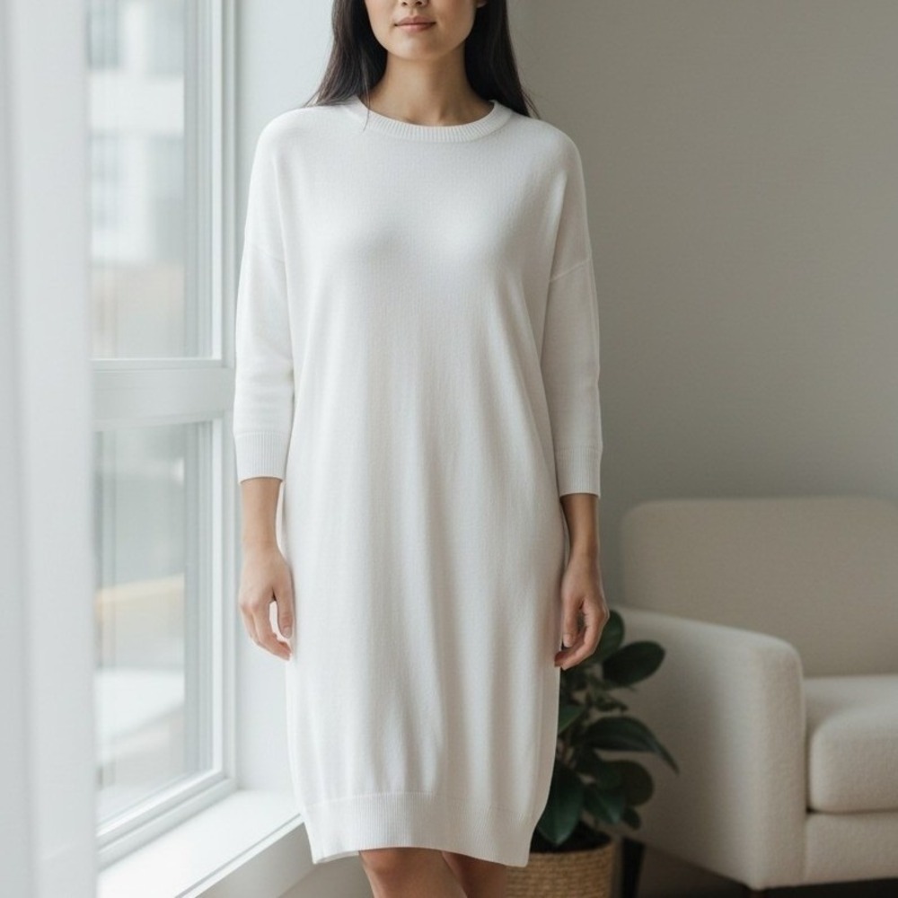 Knititude Womens White Cotton Scarf Crew Neck Sweater Dress Sz M Cozy Minimalist